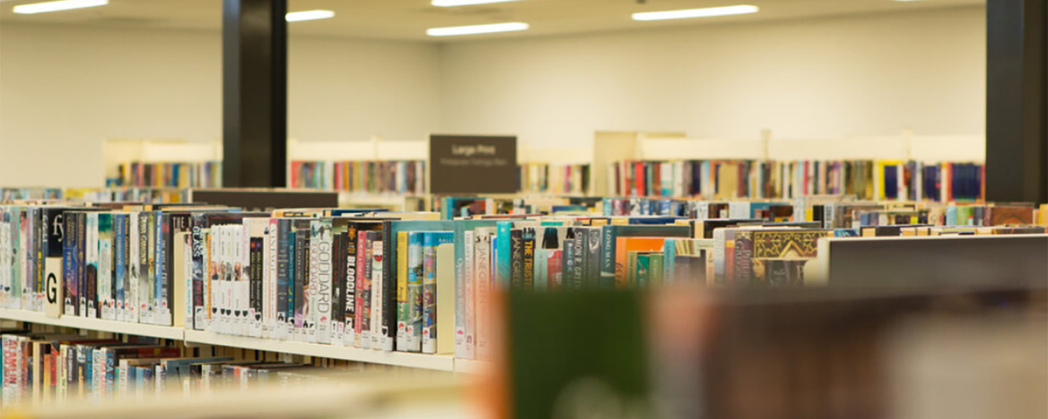 View over the top of full bookshelves in the library